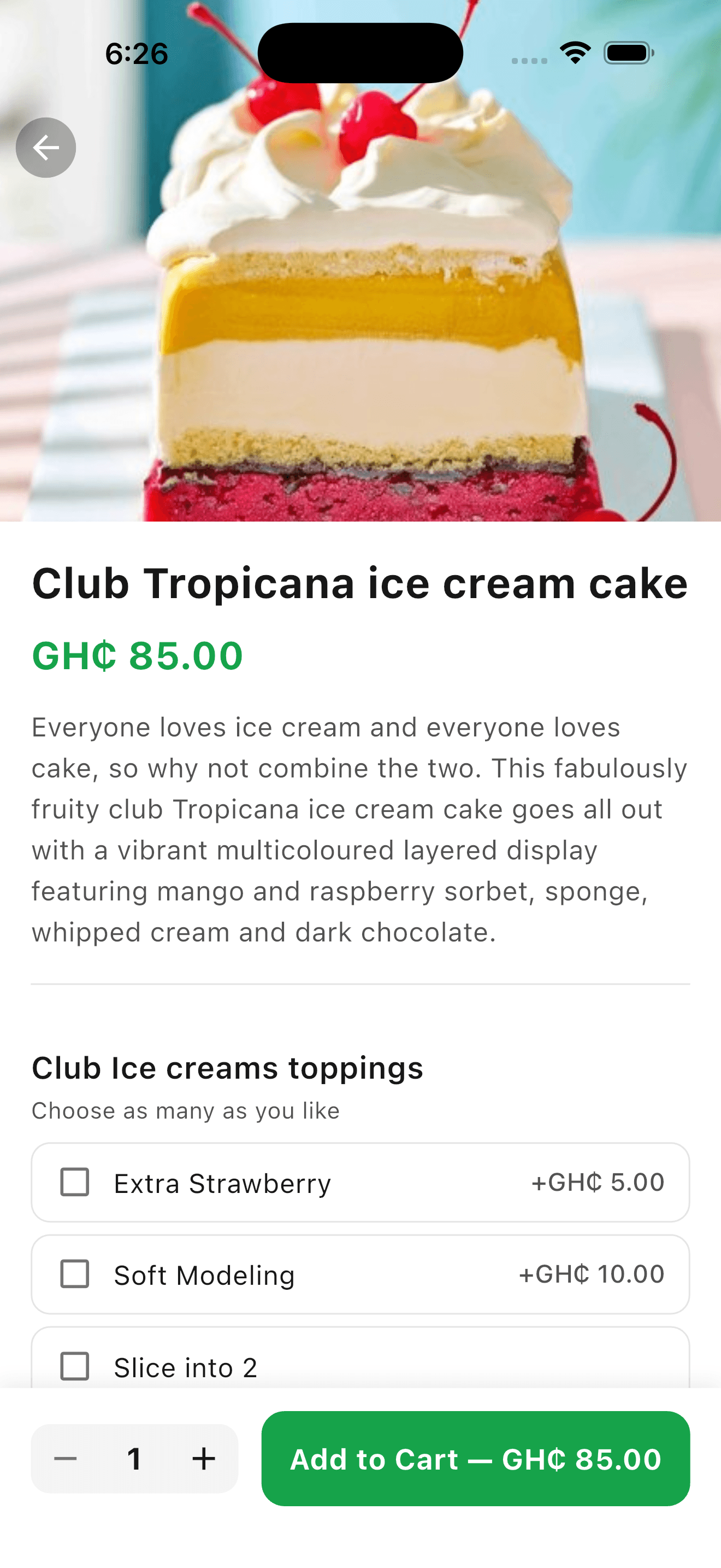 Yemame Serve app — Product customization screen
